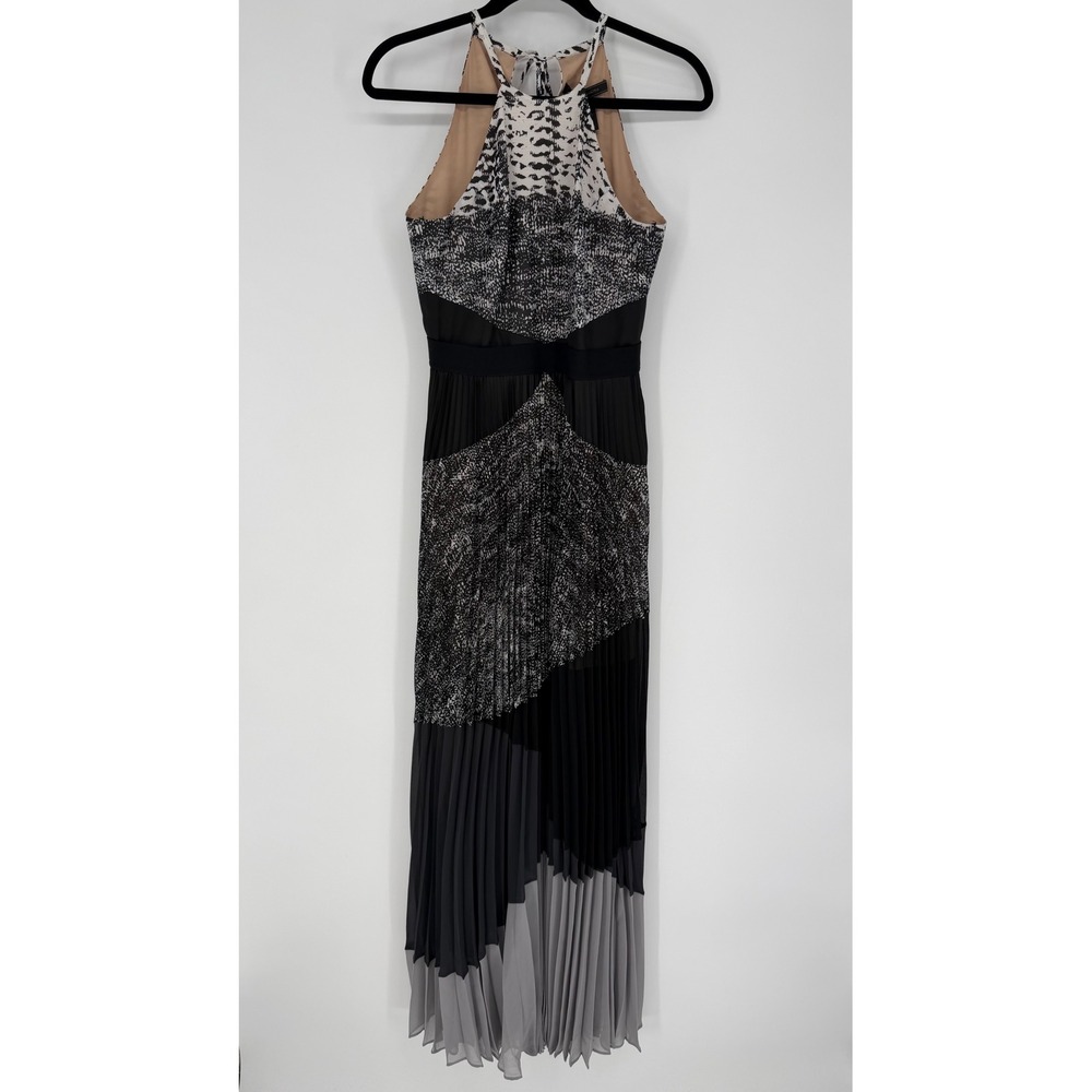 BCBGMAXAZRIA CLARISSA HALTER PLEATED MAXI GOWN DRESS GRAY ANIMAL PRINT SIZE 2